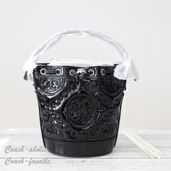 NWT Tory Burch Mini T Monogram Puffy Patent Leather Bucket Bag Crossbody Black - Picture 6 of 12